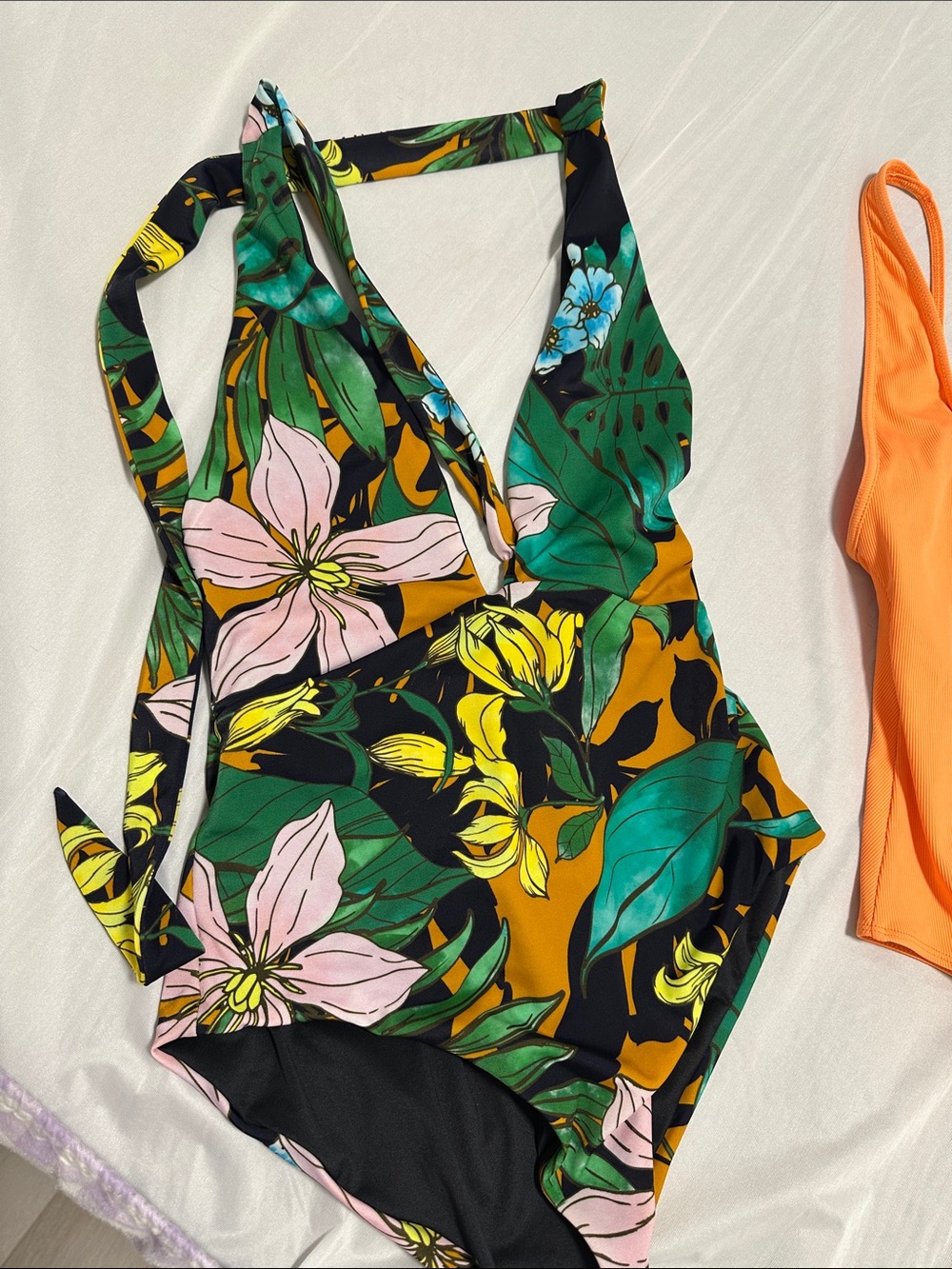 Zara Black Floral Halter One-Piece Swimsuit with Green, Pink and Yellow Accents
